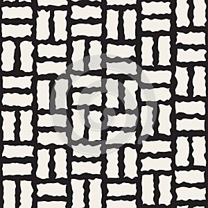 Vector Seamless Black and White Rough Hand Painted Line Pavement Grid Pattern