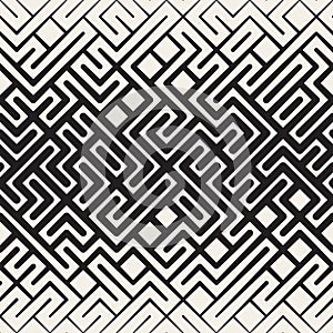 Vector Seamless Black and White Rounded Line Maze Irregular Pattern Halftone Gradient