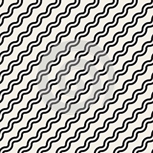 Vector Seamless Black And White Simple Diagonal Wavy Lines Pattern