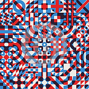 Vector Seamless Blue Red White Color Overlay Irregular Geometric Blocks Quilt Pattern