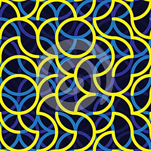 Vector Seamless Blue Yellow Color Iregular Rounded Arc Lines Geometric Pattern