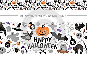 Vector seamless border brush with Halloween elements. Traditional Samhain party horizontal background. Scary pattern with jack-o- photo