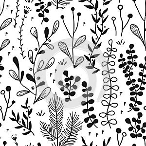 Vector seamless border with doodle forest and meadow plants. Hand drawn abstract background for frames, posters, textile