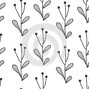 Vector seamless border with doodle hand drawn plants. Black and white. Hand drawn abstract background for frames