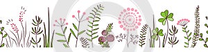 Vector seamless border with forest and meadow plants. Background for frames, decorative scotch tape, posters, kids