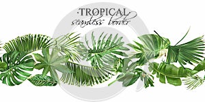 Vector seamless border with green tropical leaves