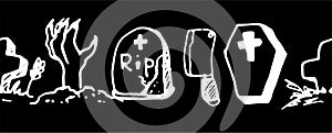 Vector seamless border for Halloween. horizontal strip of doodle-style elements zombie hand, coffin, grave, cross