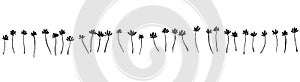 Vector seamless border with ink drawing simple flowers, hand drawn botanical illustration. Black isolated floral silhouette,