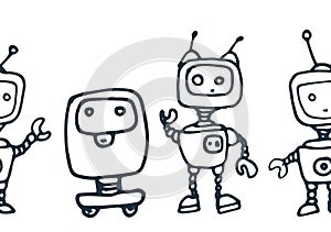 Vector seamless border made of gray robots isolated contour. horizontal stripe Hand-drawn cartoon robots in the style of doodles,