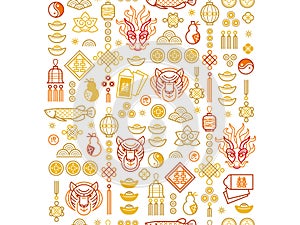 Vector seamless border with outline symbols of the Tiger Zodiac sign, Symbol of 2022 on the Chinese Lunar calendar