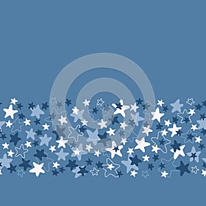 Vector seamless border pattern with white and blue stars on blue background. Fun ditsy star print, constellations and