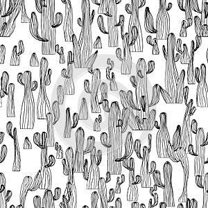 Vector seamless cactus pattern of saguaro cactus. Sketch cactus