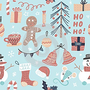 Vector Seamless Cartoon Christmas Pattern. Christmas tree and baubles, gifts, tea cup, snowman, gingerbread man, bells and ribbons