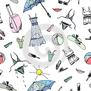 Vector seamless cartoon pattern with symbols of summer, doodle style, hand-drawn things. Umbrella, sundress, sunblock, sunglasses