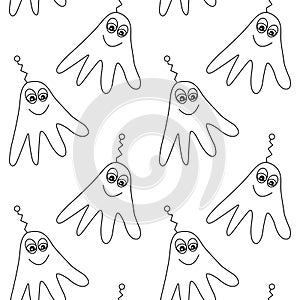 Vector seamless childish pattern with cute outline monsters aliens, space doodles. Background and texture for fabric, wrapping,