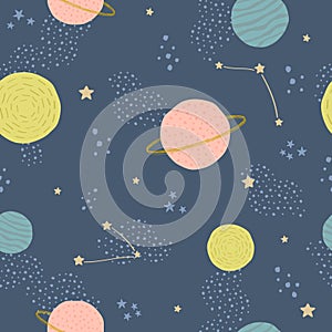 Vector seamless childish pattern with space elements: stars, planets, asteroids