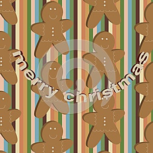 Vector seamless childlike christmas stripped pattern with gingerbread cookies