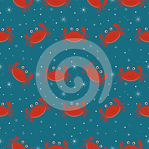 Vector seamless children\'s pattern with red crabs on a blue background