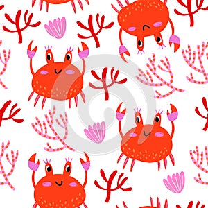 Vector seamless childrens pattern with colorful crabs, shells and starfish on a white background. Suitable for baby