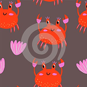 Vector seamless childrens pattern with colorful crabs, shells and starfish on a white background. Suitable for baby