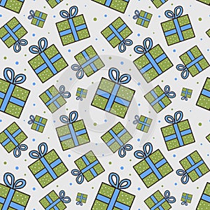 Vector Seamless Christmas Pattern with Green Gift Boxes with Bow. Simple illustration. Doodle style. Design for packaging,