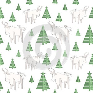 Vector seamless Christmas pattern with herringbone and white bull, elk Animal volumetric image, New Year and Christmas character