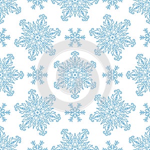 Vector seamless Christmas pattern with monochrome blue snowflakes