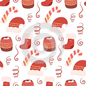 Vector seamless Christmas pattern. Xmas background with red hand drawn new year hats, treats and sock on white background