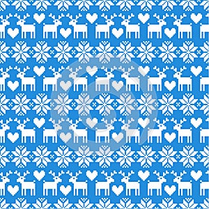 Vector seamless Christmas sweater pattern with deers on blue background. photo