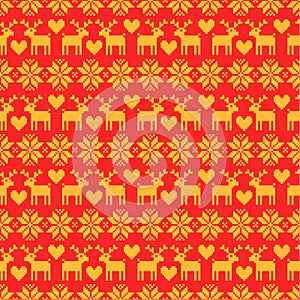 Vector seamless Christmas sweater yellow pattern with deers on red background. photo