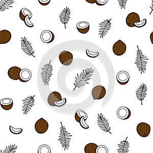 vector seamless coconut pattern, with a whole coconut and a half, on a white background, black and white. Simple