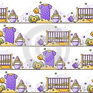 Vector seamless color pattern with baby accessories for newborn. Birth of a child, feeding and care. Use for backgrounds,