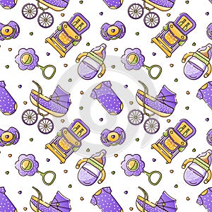 Vector seamless color pattern with baby accessories for newborn. Birth of a child, feeding and care. Use for backgrounds,