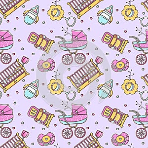Vector seamless color pattern with baby accessories for newborn. Birth of a child, feeding and care. Use for backgrounds,