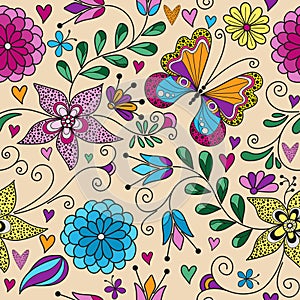 Vector seamless colorful floral valentines pattern with hearts and dotty butterflies