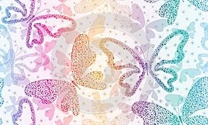 Vector seamless colorful gradient pattern with hand drawn dotty butterflies