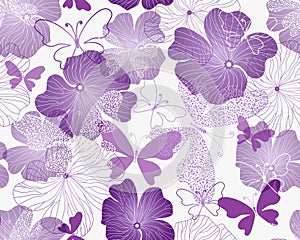 Vector seamless colorful hand drawn pattern with violet flowers and dotty butterflies photo