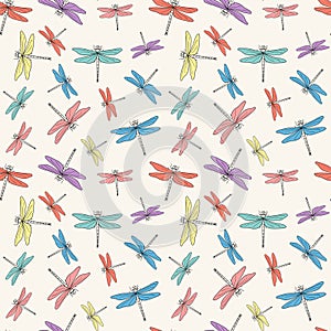 Vector seamless colorful pattern of hand drawn doodle dragonflies