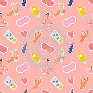 Vector seamless cute pattern with cosmetics, sleep masks, yoga on pink background.