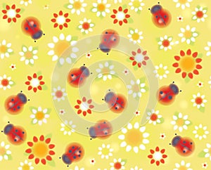 Vector seamless cute pattern ladybugs and flora.