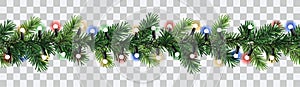 Vector seamless decorative christmas garland with coniferous branches and glowing colorful light chain on transparent background