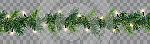 Vector seamless decorative christmas garland with coniferous branches and glowing light chain on transparent background