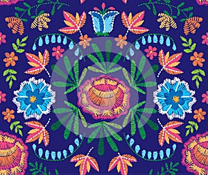 Vector seamless decorative floral embroidery pattern, ornament for textile decor. Bohemian handmade style background