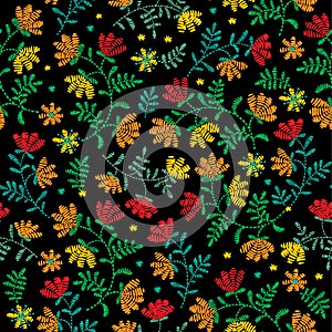 Vector seamless decorative floral embroidery pattern, ornament for textile decor. Bohemian handmade style background