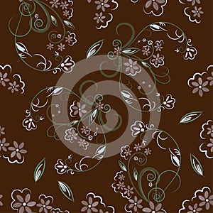 Vector seamless decorative floral pattern. Imitation of pastel technique, decorative leaves, flowers and curls on a brown