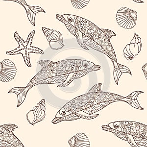 Vector seamless dolphin pattern with hand drawn doodle illustrations.