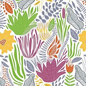 Vector Seamless Doodle Pattern with Flowers