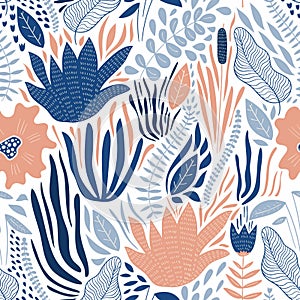 Vector Seamless Doodle Pattern with Flowers