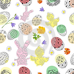 Vector seamless easter background. Easter eggs, rabbit, chick and beautiful flowers