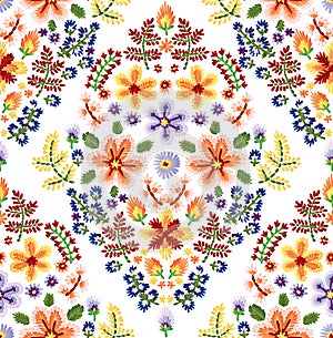 Vector seamless embroidery pattern, decorative textile ornament, pillow or bandana decor. Bohemian handmade style